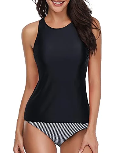 Slimming Black Deep Scoop Back Tankini With Striped Shorts-Black Stripe Elegant Ruffle Swimsuit