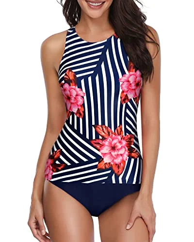 Modest Tummy Control Tankini Bathing Suit-Blue Floral Sleek Racerback Swimsuit