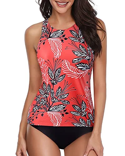 Tummy Control Long Torso Tankini Swimsuits For Women-Red Floral Chic Beach Cover-Up