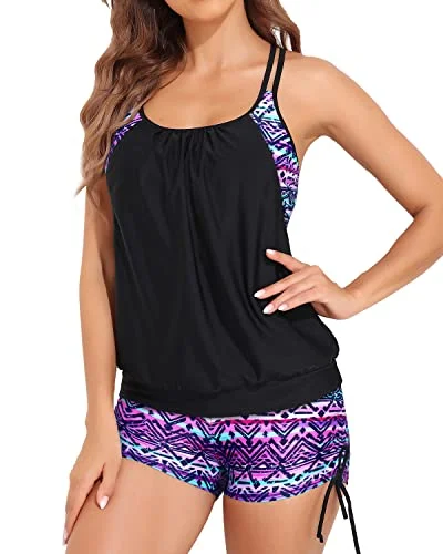 Two Piece Push Up Padded Bra Tankini Swimsuits Tummy Control Swimwear-Black And Tribal Purple Vibrant Bikini Design