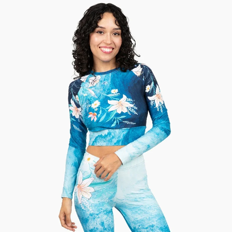 Women's Ocean Floral Cropped Rash Guard UPF 50 Cover-up Swim Top Button-Front Swimsuit