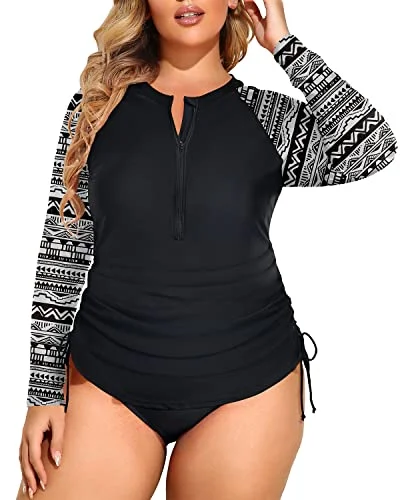 Long Sleeve Upf 50+ Rash Guard Plus Size Zipper Swim Shirt With Bottom-Black And White Snake Print Modern High-Waisted Swimsuit