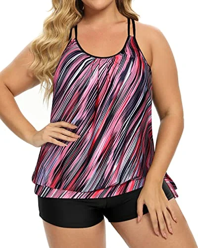 Plus Size Two Piece Tankini Swimsuit For Tummy Control-Pink Stripe Sporty Swim Shorts