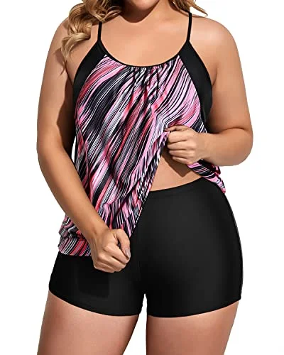 Two Piece Push Up Tankini Top With Boy Shorts For Women Plus Size-Black And Pink Stripes Stylish Swimsuit Set