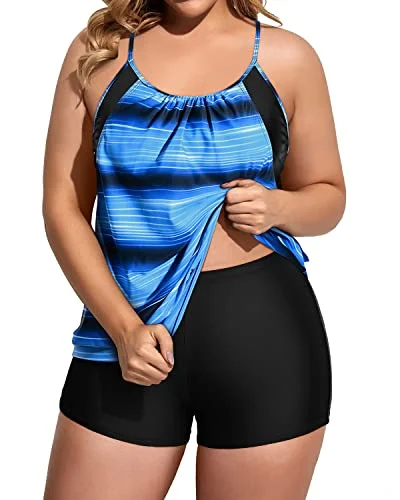 Two Piece Tummy Control Tankini Swimsuits For Women Plus Size-Blue And Black Stripe Elegant Swim Dress