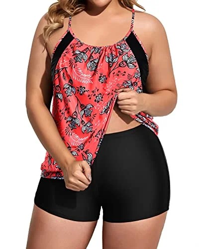 Deep Cut Two Piece Tankini Swimsuits With Boyshorts For Plus Size Women-Pink Leaf And Black Two-Piece Beachwear