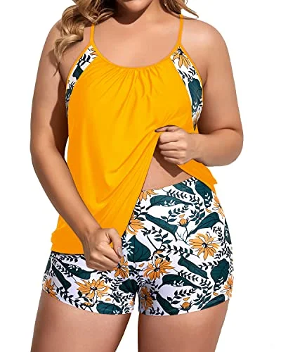 Women's Push Up Tankini Top With Boy Shorts For Plus Size Bathing Suits-Yellow Floral Crisscross Back Swimsuit