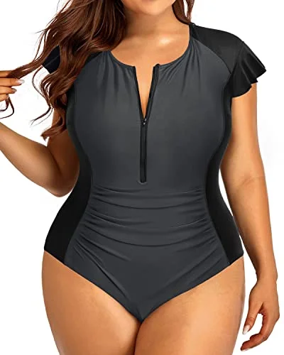 Women's Plus Size Tummy Control Bathing Suits Cap Sleeves One Piece Swimsuit Tropical Print One-Piece