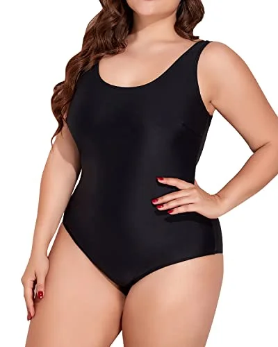 U Neck Plus Size One Piece Swimsuits Tummy Control Bathing Suits Sporty Swimwear-Black Floral Print Swimsuit