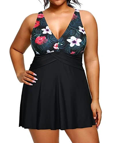 Women's Full Power Mesh Lining Plus Size One Piece Swimsuit-Black Floral Chic Beach Cover-Up