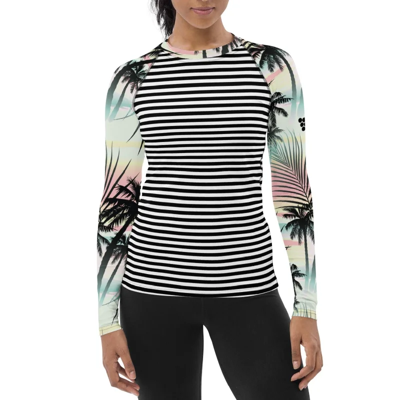 Women's Rash Guard UPF 50 - Surf, Swim, Sun Shirt - Black White Stripe Tropical Sporty Swimsuit Style