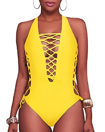 Sexy Strappy One Piece Swimsuit For Curvy Women-Neon Yellow Stylish Beachwear Set