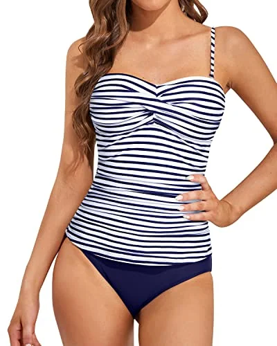 Flattering Tummy Control Bandeau Tankini Bathing Suits-Blue White Stripe Classic Swimsuit Design