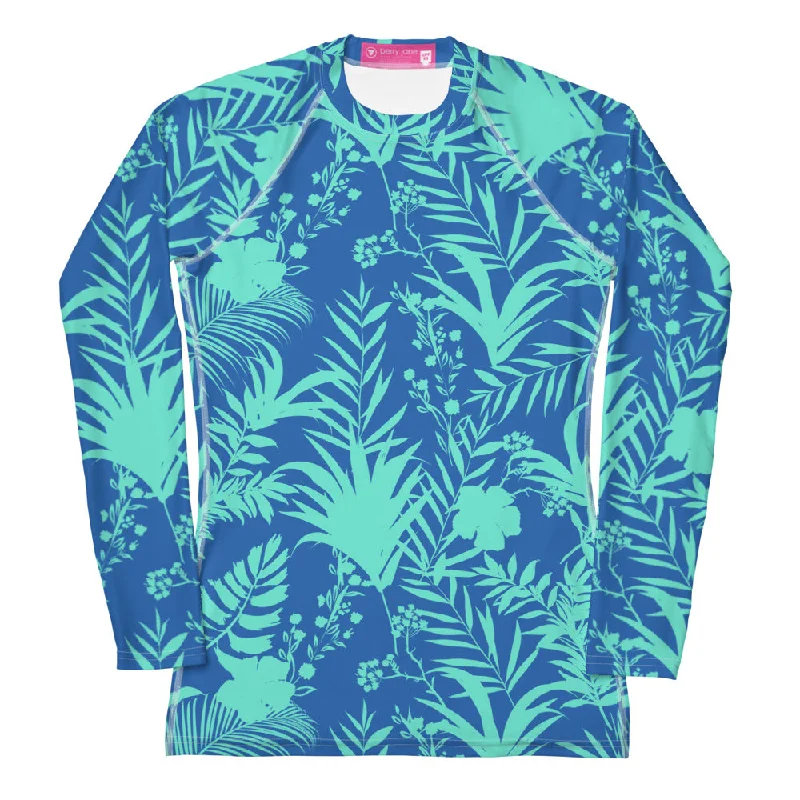 Women's UPF 50+ Rash Guard, Swim Shirt Turquoise Blue Palms V-Neck Swim Dress