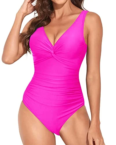 V Neck Women Monokini Vintage Tummy Control Slimming Swimsuit-Neon Pink Lace Back Bikini