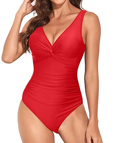 Long Torso Women Swimsuit Vintage V Neck Push Up Monokini-Red Bold High-Cut Bikini