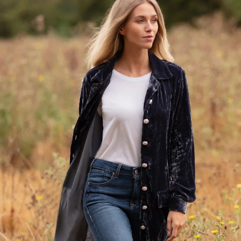 Bonnie Silk Velvet Shirt/Jacket In Slate Grey Zippered Jacket Buttoned Jacket Snapped Jacket