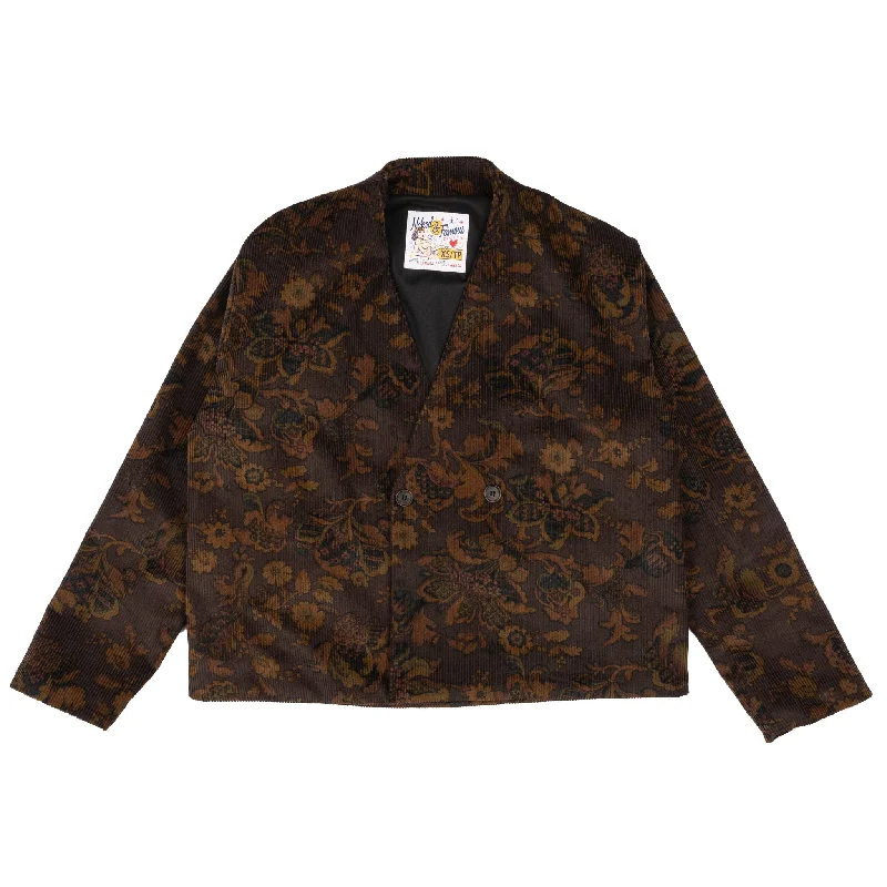 Collarless Jacket  - Paisley Corduroy  - Brown Oversized Jacket Tailored Jacket Straight Jacket