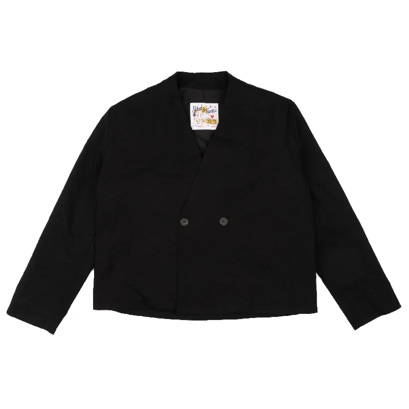 Collarless Jacket  - Rinsed Oxford - Black Welt Pockets Slit Pockets Flap Pockets