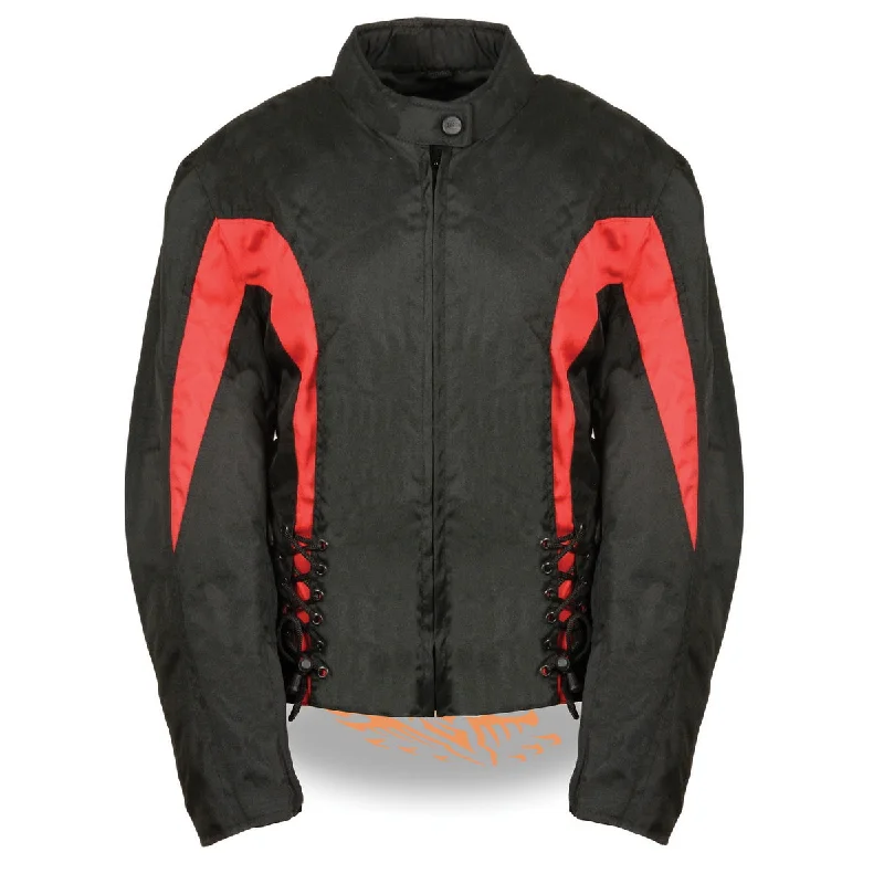 Nexgen SH2188 Women's Black and Red Textile Motorcycle Riding Jacket with Side Stretch and Lacing One-Shoulder Jacket Off-the-Shoulder Jacket Asymmetrical Jacket