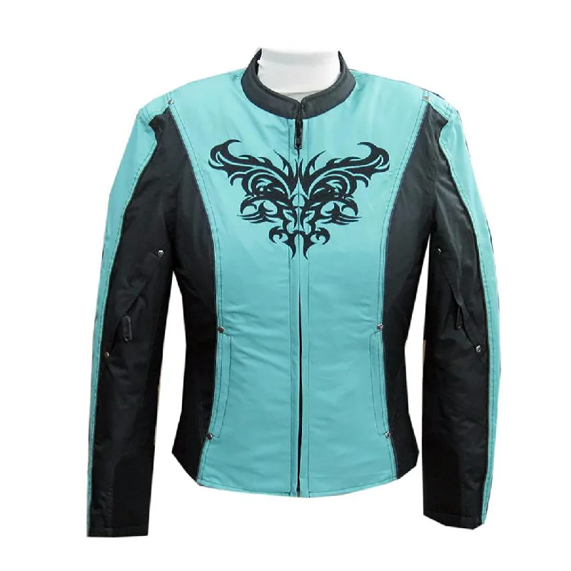 NexGen SH2367 Women's Turquoise and Black Textile Jacket with Embroidery Artwork Knit Jacket Woven Jacket Fleece Jacket