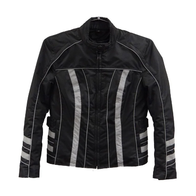 NexGen SH2394 Women's Black and Silver Textile Racer MC Jacket Belted Jacket Elasticated Jacket Padded Jacket