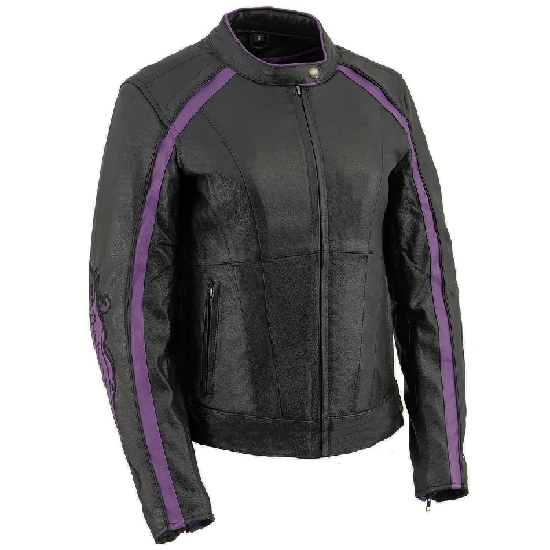 PURPLE Leather ML1952 Women's Black and Purple Embroidered and Stud Design Scooter Jacket Lace Jacket Ribbed Jacket Sequined Jacket