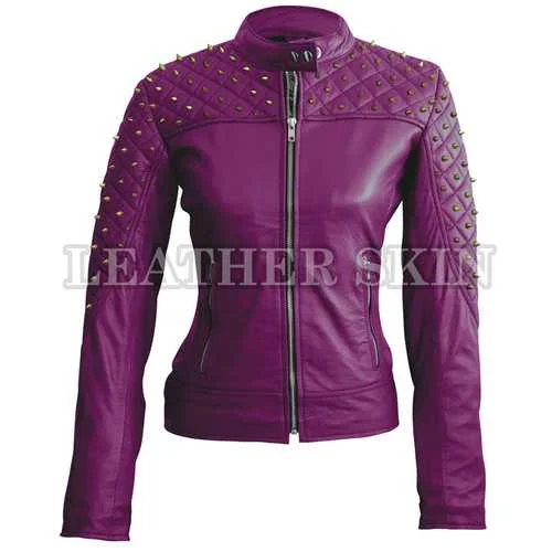 Women Purple Leather Jacket Denim Fabric Leather Fabric Suede Fabric