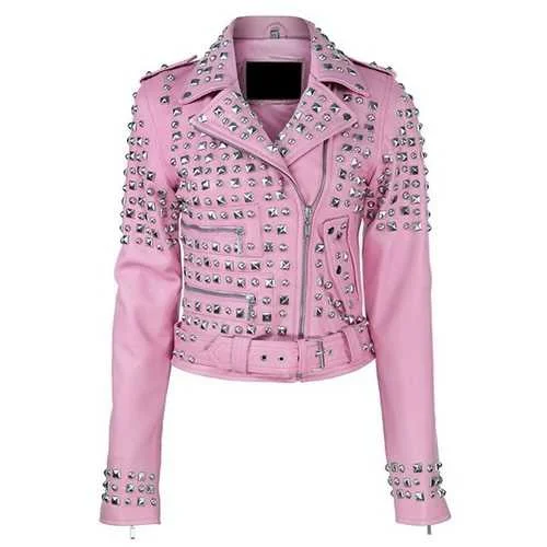 Women Pink Leather Jacket Faux Fur Jacket Real Fur Jacket Shearling Jacket