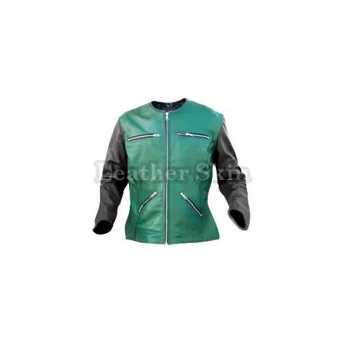 Women Green Leather Jacket Zippered Jacket Buttoned Jacket Snapped Jacket