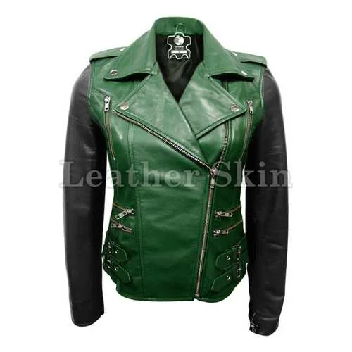 Women Green Leather Jacket Stand-Up Collar Roll-Neck Collar Turtle Neck