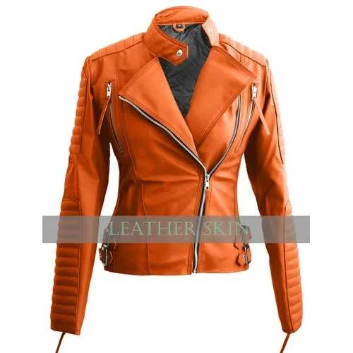 Orange Leather Jacket Welt Pockets Slit Pockets Flap Pockets