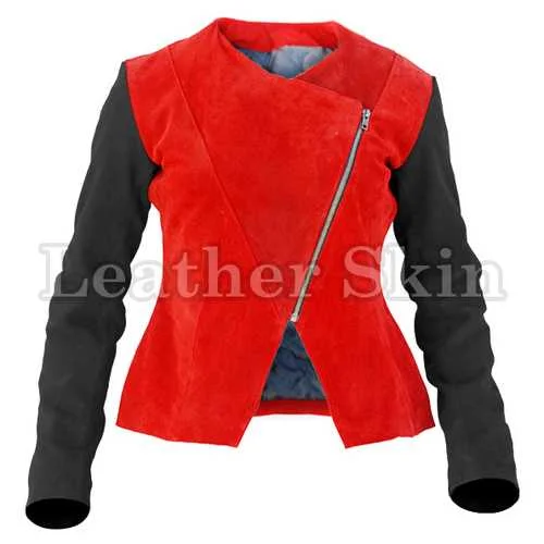 Women Red Leather Jacket Knit Fabric Woven Fabric Fleece Fabric