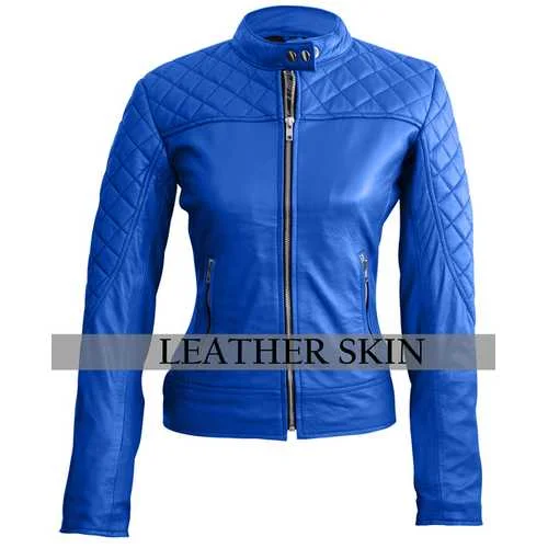 Women Blue Leather Jacket Zippered Jacket Buttoned Jacket Snapped Jacket