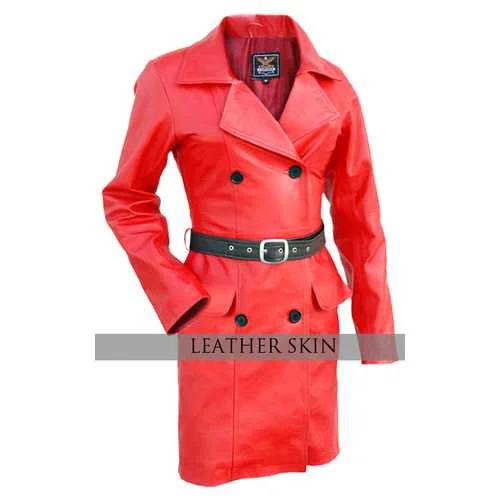 Red Women Leather Jacket A-Line Jacket Boat Neck Shawl Collar