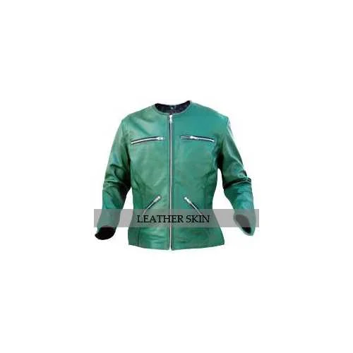 Green Women Leather Jacket Wool Fabric Cashmere Fabric Tweed Fabric