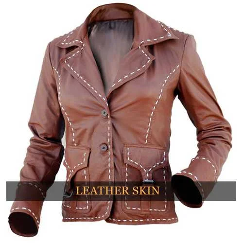 Brown Women Leather Jacket One-Shoulder Jacket Off-the-Shoulder Jacket Asymmetrical Jacket