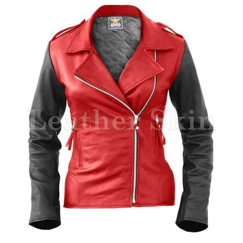 Women Red Leather Jacket Welt Pockets Slit Pockets Flap Pockets