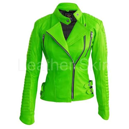 Women Green Leather Jacket Striped Jacket Polka Dot Jacket Floral Jacket