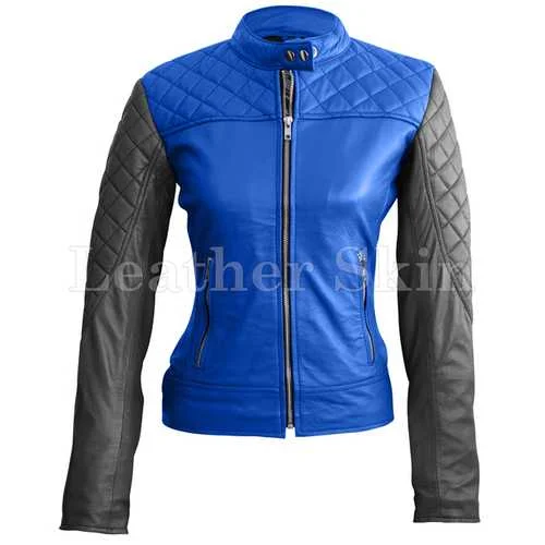 Women Blue Leather Jacket Chenille Fabric Brocade Fabric Lace Fabric