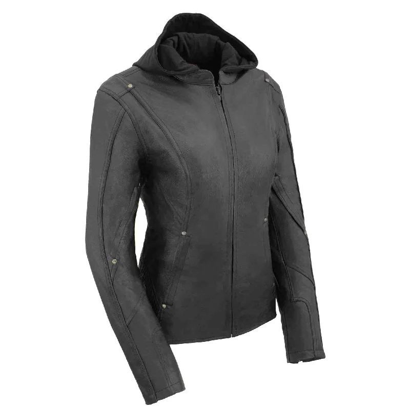 Women Black 3/4 Hooded Leather Jacket with Side Stetch Fit Boat Neck Shawl Collar Notched Collar