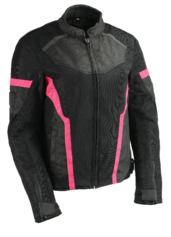 Women Black & Fuchsia Mesh Racer Jacket w/ Reflective Piping Fleece Jacket Down Jacket Parka