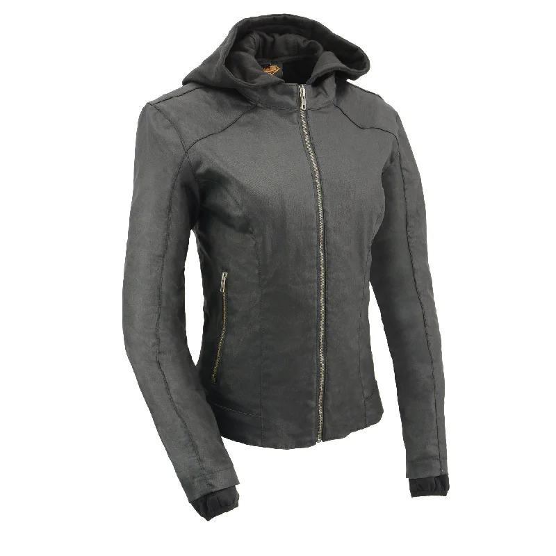 Women Black Zipper Front Jacket with Full Sleeve Removable Hoodie Wool Fabric Cashmere Fabric Tweed Fabric