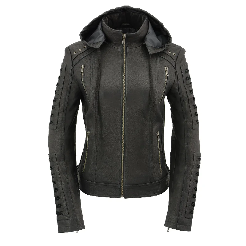 Women Zipper Front Scuba Jacket w/ Detachable Zip Off Hood Belted Jacket Elasticated Jacket Padded Jacket