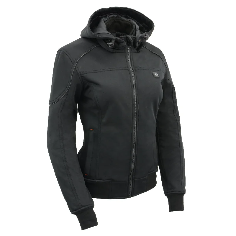 Womens Soft Shell Heated Racing Style Jacket with Detachable Hood Tiered Jacket Buttoned Jacket Zippered Jacket