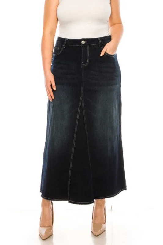 88017X Long Denim Skirt in Dark Indigo Plus asymmetrical skirt cut