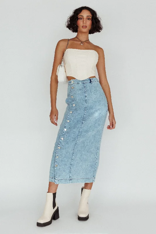 Angelica Side Button-Up Midi Skirt Denim asymmetrical skirt cut