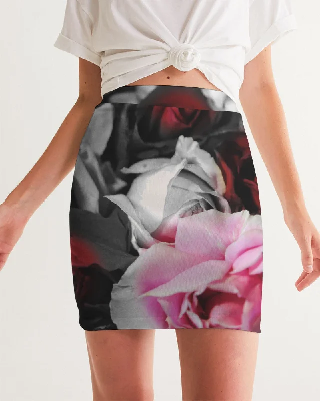 Black and White Roses Fade Women's Mini Skirt pencil skirt chic