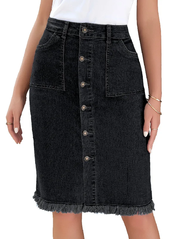 Black Frayed Hem Button-Down Midi Denim Skirt silk skirt luxurious