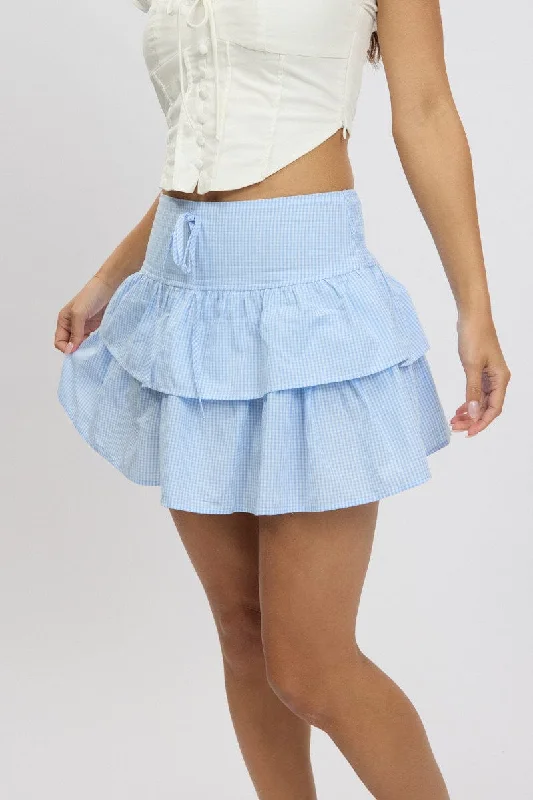 Blue Check Ruffle Mini Skirt High Rise Shirred Back Tiered high waist skirt